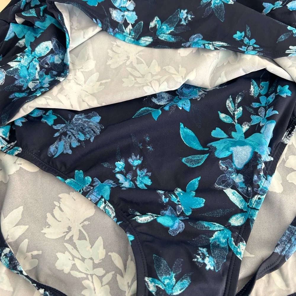 New Denim & Co. Beach Ruffle Trim V-Neck Swim Dress Navy Floral size 14